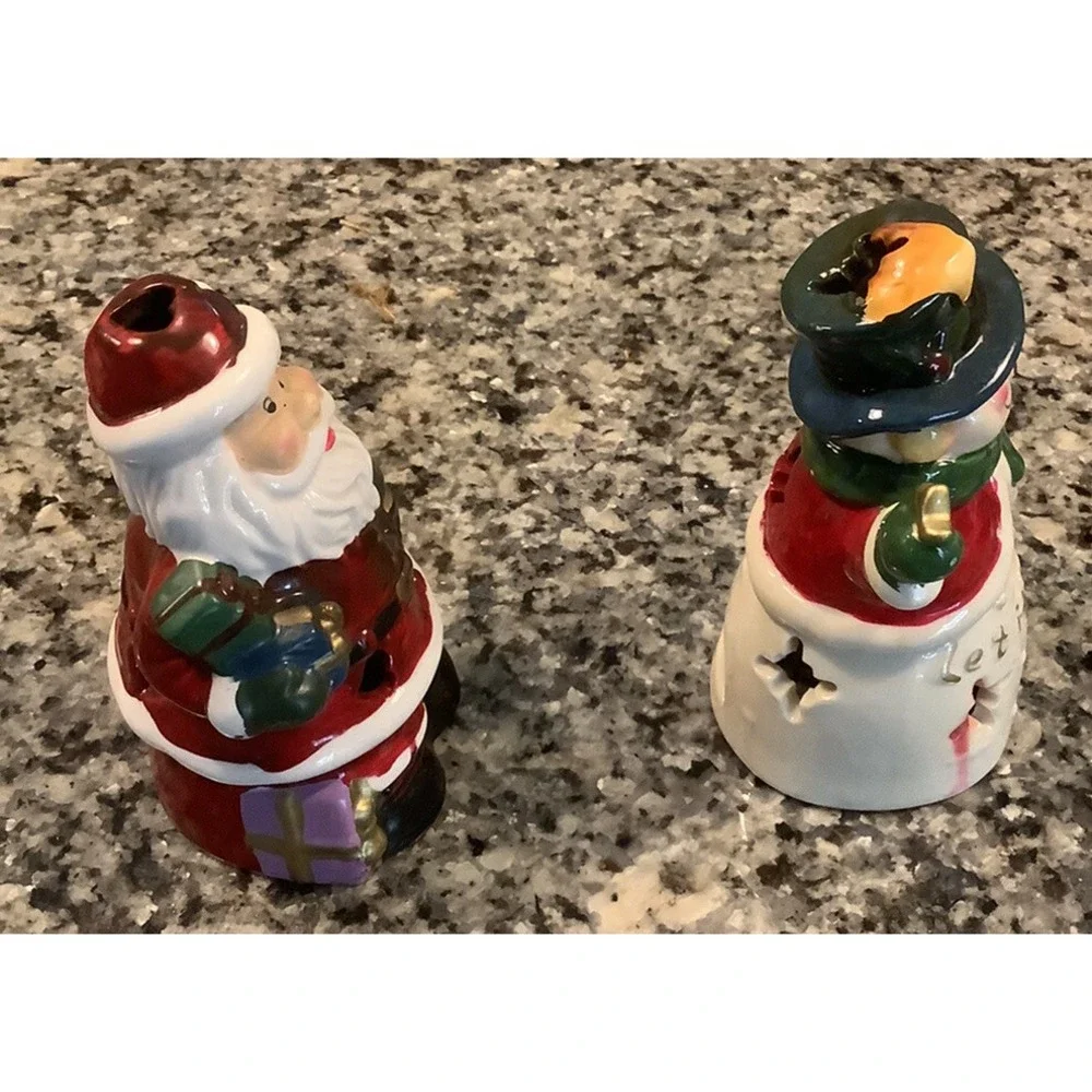 Hallmark Snowman/Santa Clause Ceramic Tea Light Candle Luminary Holder